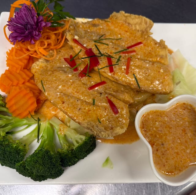 Crispy Fish With Chu Chee Curry Sauce.